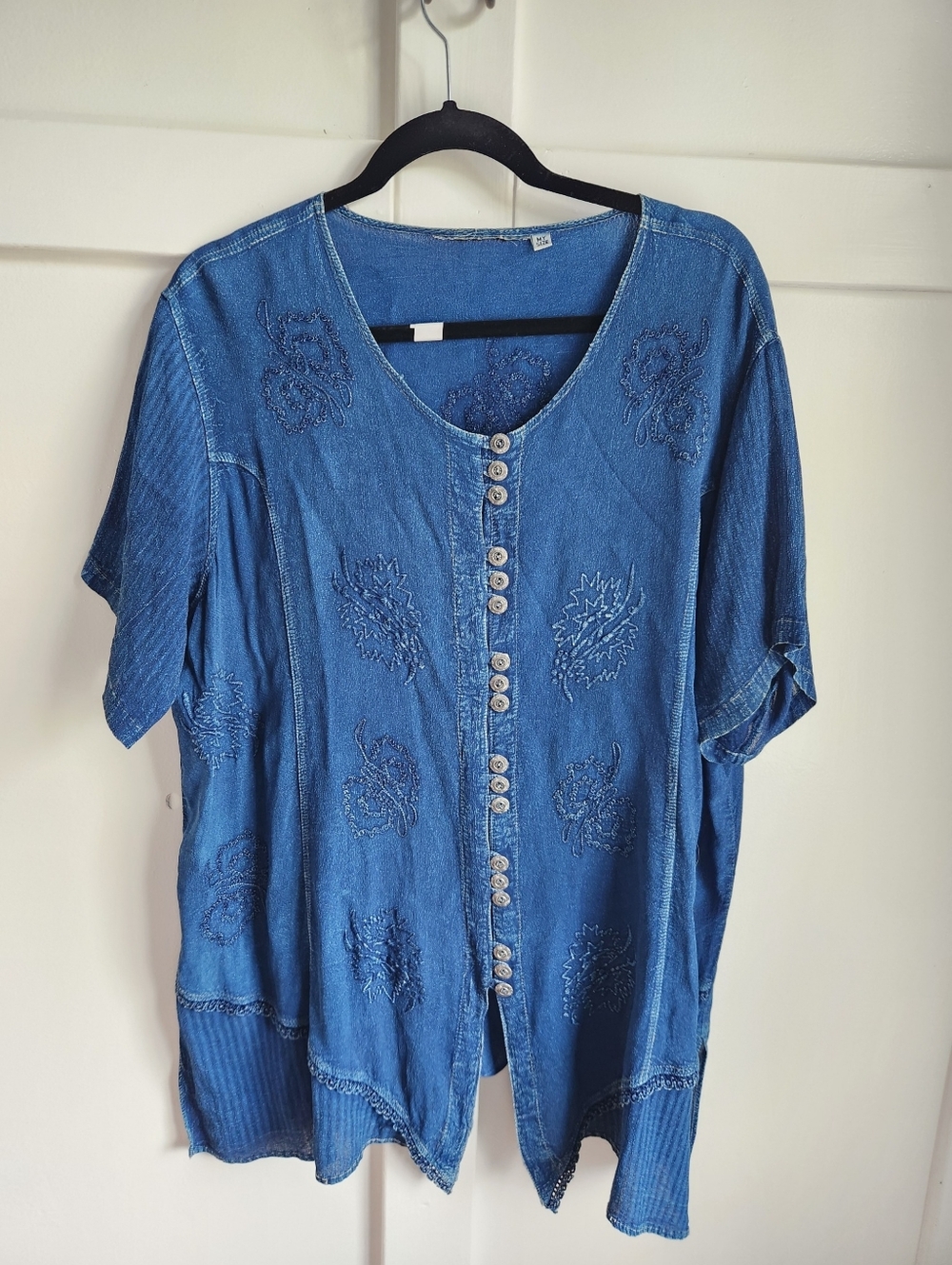 Soft Denim Embroidered Button Front Top | Lightweight Chambray Blouse